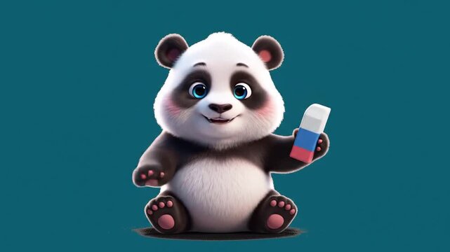 Animated panda holding object against turquoise background