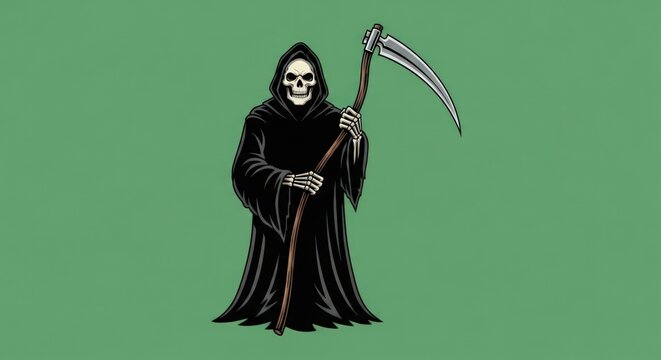 Grim Reaper with scythe standing against plain green background