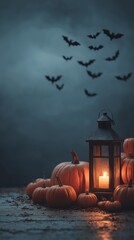 Pumpkins and candle lantern under bats in a moody night sky