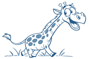 Cartoon Giraffe Running on Grass in Blue Outline, Vector, White Background