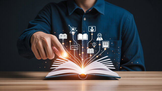 Open book knowledge concept education learning digital online library information technology connection network