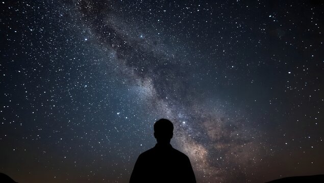 Silhouette of a person gazing at the vast star filled night sky
