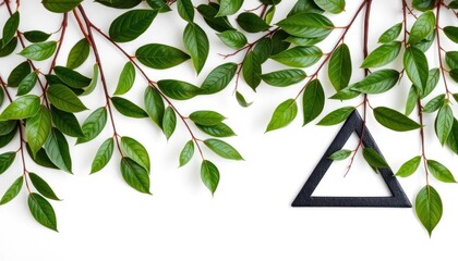 lush green leaves with black triangle pendant on white background