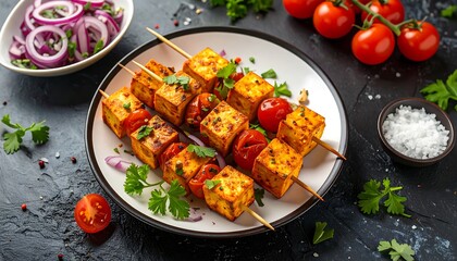 Grilled paneer skewers with cherry tomatoes