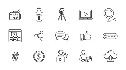 Collection of hand drawn social media and content creation icons in silhouette