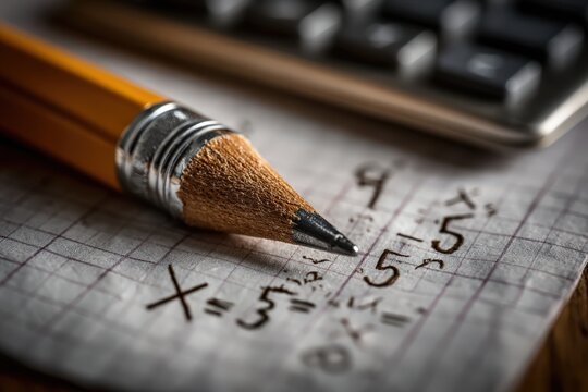 A pencil is currently writing on a blank piece of paper beside a calculator