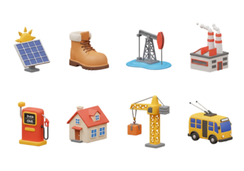 3d icon of assortment of 3d icons representing industry, energy, and transportation, isolated on transparent background