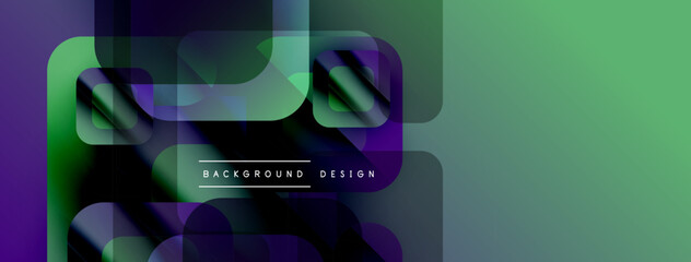 Abstract geometric shapes overlap. Green, purple hues dominate design. Modern style, clean lines present dynamic composition.