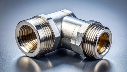 Macro detail of double ferrule compression fitting flare seat and nut stainless finish representing precision hardware suitable for industrial and lab product design