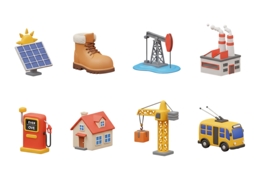3d icon of assortment of 3d icons representing industry, energy, and transportation, isolated on transparent background