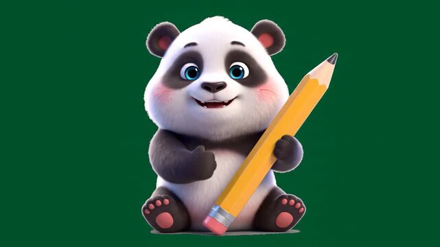 Animated panda holding pencil on green background for creative concepts