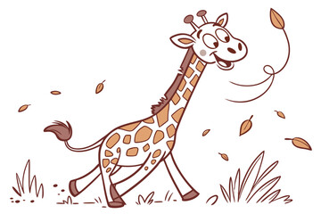 Cartoon Giraffe Running with Falling Leaves, on White Background