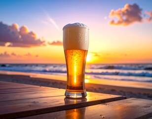 夕暮れの海と泡立つ生ビール