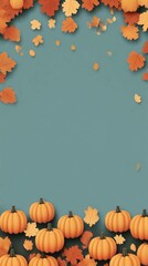 Autumn pumpkins and falling leaves frame on teal background
