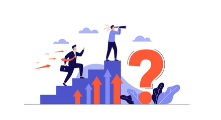 Business growth strategy planning future success with visionary leadership and question mark symbol