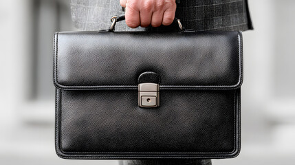 A businessman holding a black leather briefcase suitable for business purposes