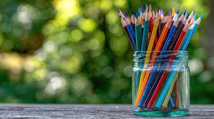 Colored pencils sit upright in a glass jar on wooden planks, against a blurred green foliage background