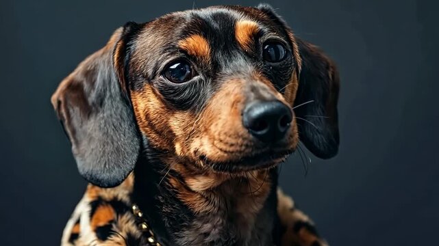 A brown and black dog with a leopard print collar