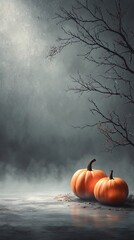 Pumpkins on wet ground under misty branches at dusk