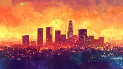 Fototapeta premium Vibrant cityscape at sunset with dramatic city lights