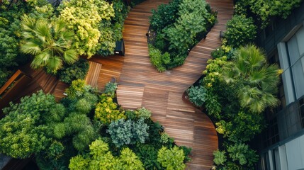 Lush rooftop garden with wooden pathway and benches in urban setting