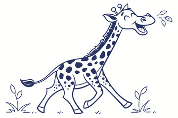Cartoon Giraffe Walking Chewing Leaves on White Background