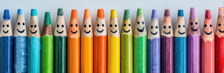 Row of colorful pencils with smiley faces painted on them, each in a different hue, lined up on a white surface in a joyful arrangement
