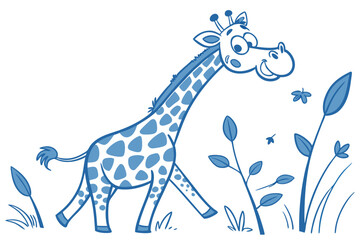 Cartoon Giraffe Walking in Blue Outline Style with Plants on White Background