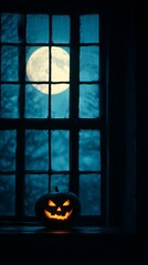Glowing jack o lantern on windowsill with full moon shining outside