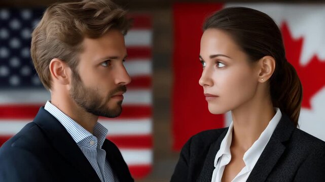 A man and a woman are standing in front of a red and white flag. male and female business people discussing with US and Canada flags behind, trade talks corporate documentary