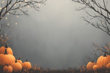 Halloween pumpkin field illustration with glowing sparks and misty background