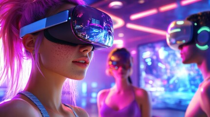 Young woman and friends using virtual reality headsets indoors