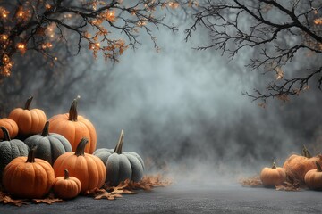 Pumpkins arranged with autumn leaves and foggy background under tree branches
