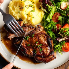 Grilled pork chop with mashed potatoes and salad