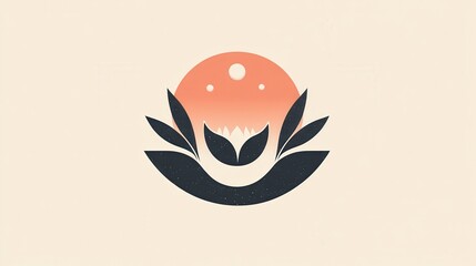 Stylized flower with leaves against a serene sunset background