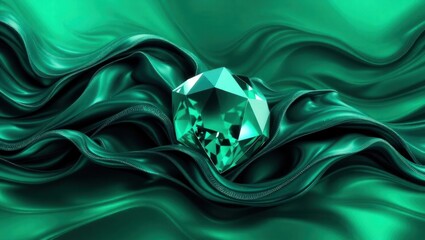Luxurious emerald gemstone resting on silky green fabric