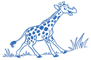 Cartoon Giraffe with Blue Spots walking on White Background