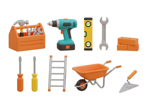 3d icon of assortment of construction and diy tools, isolated on transparent background