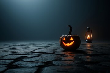Glowing jack o lantern on dark cobblestone ground with lantern light behind