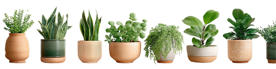 Various houseplants in terracotta-colored pots