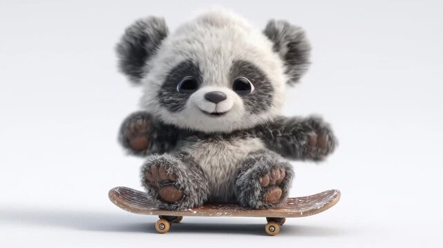 Animated panda on skateboard with soft fur and playful expression