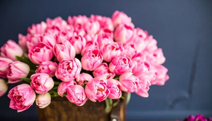Close-up of pink tulips in a wooden box