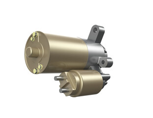 Isolated Car Starter Motor PNG - Crucial Engine Electrical Part for Auto Ignition Systems and Vehicle Maintenance. Professional Studio Shot of a Heavy-Duty Replacement Component for Reliable Starting.