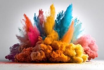 Vibrant pigment eruption, a rainbow of color explodes upwards against a pure white background, a cloud of hues colliding