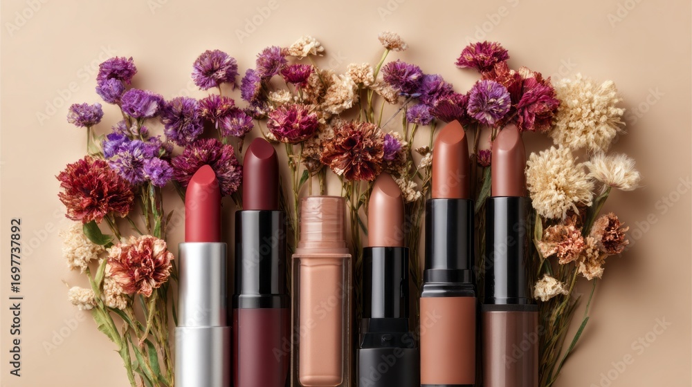 Poster lipstick collection displayed with colorful dried flowers on a soft background during daylight hours