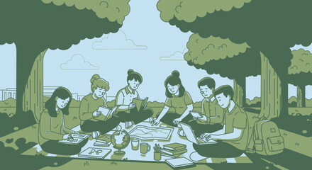 Students Collaborative Study Picnic in Park Illustration Style