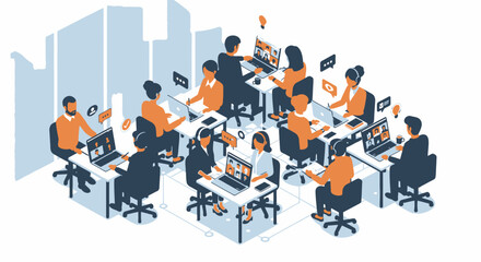 Remote team virtual meeting illustration on laptops for business conference in office room