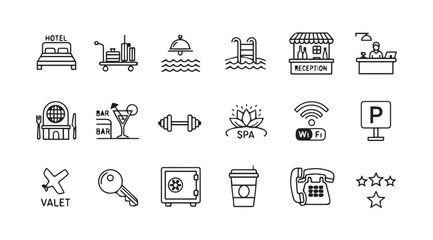 Collection of hotel and hospitality service icons in a simple silhouette style