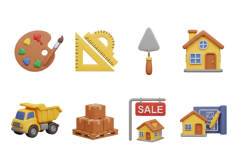 3d icon of collection of construction and art icons including a house, truck, paint palette, and tools isolated on transparent background