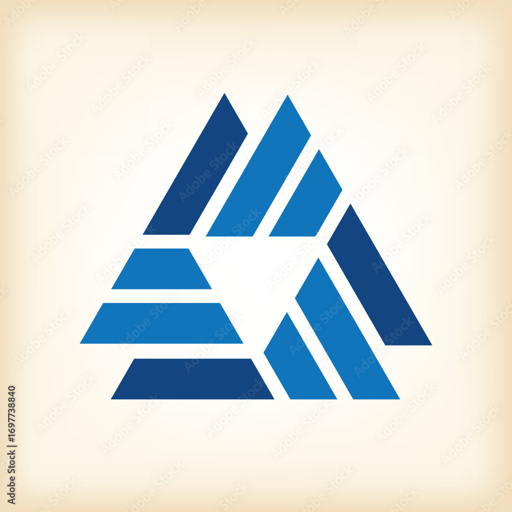 Poster This is a flat logo design of an abstract geometrical shape of triangle that made from several lines. It looks clean in blue color combination on a white background.
